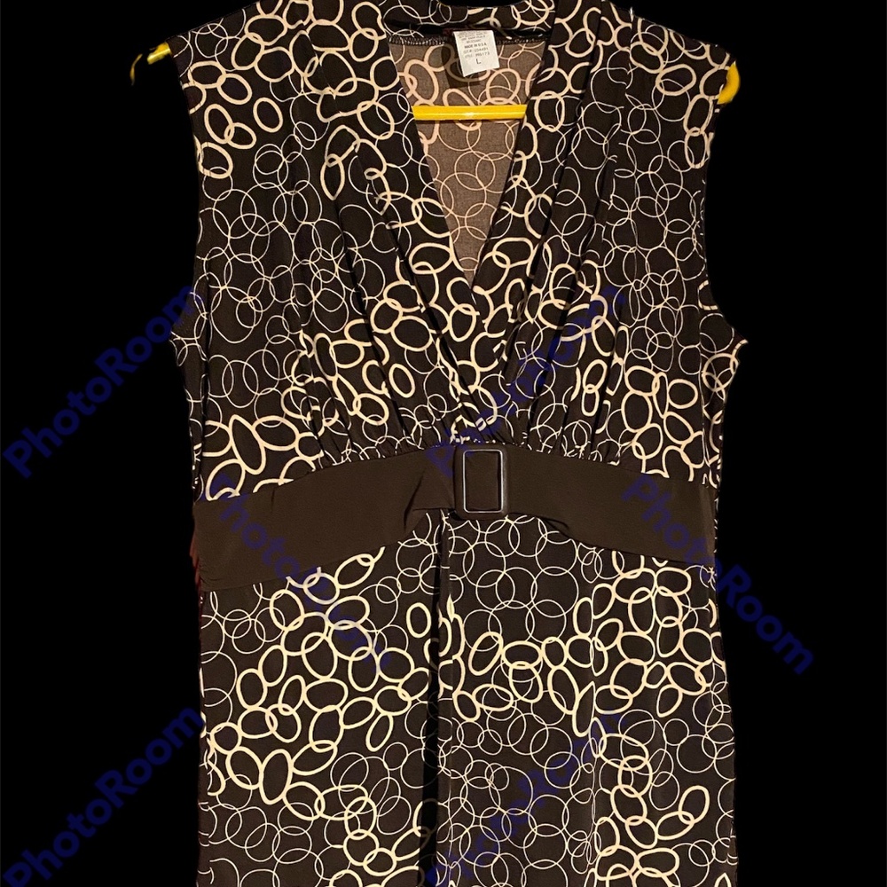 Womens Y2K Agenda Brown Short Sleeve V-Neck Wrap Blouse Top L Circles Belt USA
